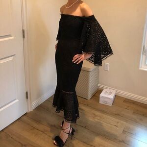 NICHOLAS Black Cocktail Dress with Off the Shoulder Neckline and Bell Sleeves